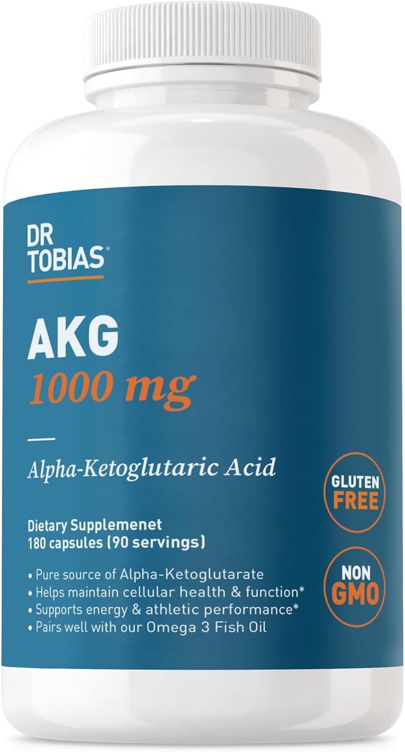 Dr. Tobias AKG Supplement 1000mg Per Serving, Bioavailable Alpha Ketoglutaric Acid, Supports Cellular Energy & Nitric Oxide Flow, Vegan, Gluten-Free, Non-GMO, 180 Capsules, 90 Servings