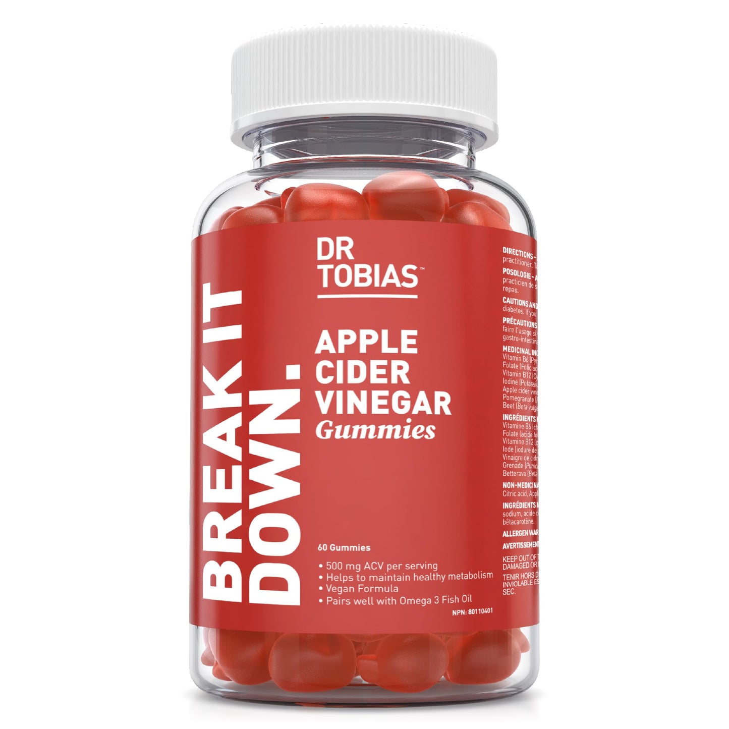 Dr. Tobias Apple Cider Vinegar Gummies 500 mg with The Mother of Apple Cider Vinegar Supplements Vegan, Gluten-Free & Non-GMO -60 Gummies