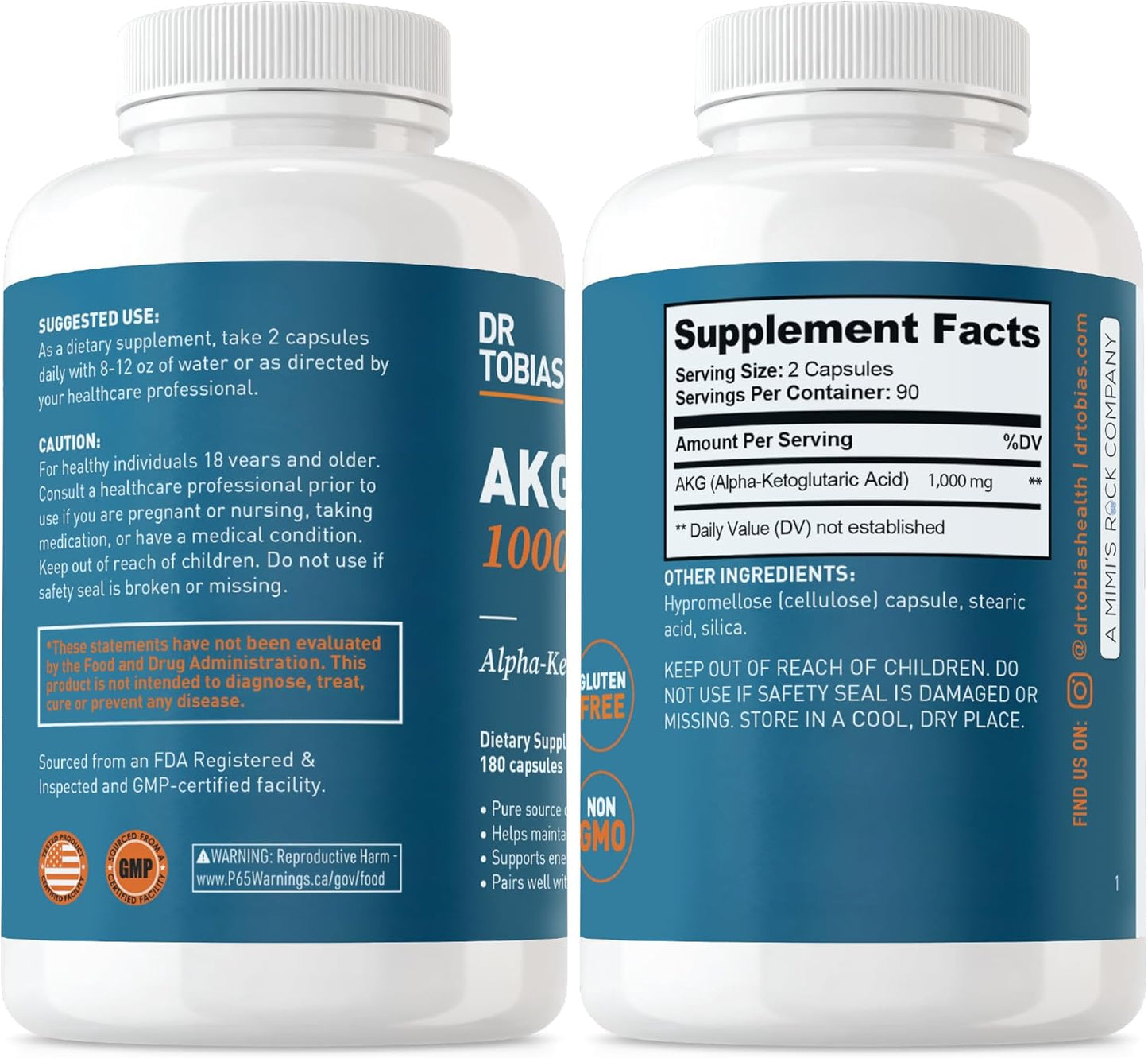 Dr. Tobias AKG Supplement 1000mg Per Serving, Bioavailable Alpha Ketoglutaric Acid, Supports Cellular Energy & Nitric Oxide Flow, Vegan, Gluten-Free, Non-GMO, 180 Capsules, 90 Servings