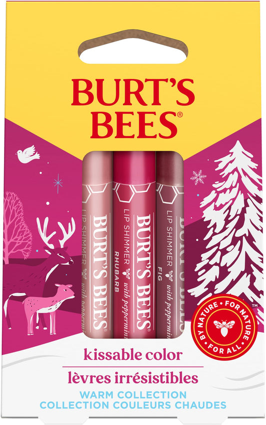 Burt's Bees Kissable Colour Gift Set, Warm Collection, 3 Lip Shimmers in Peony, Rhubarb and Fig