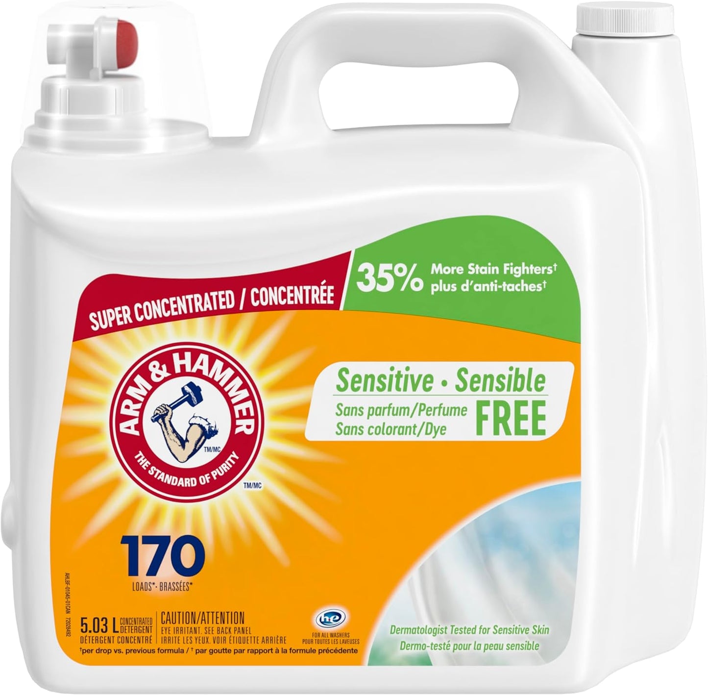 Arm & Hammer Liquid Laundry Detergent for Sensitive Skin, Super Concentrated, Scent Free, 170 Loads