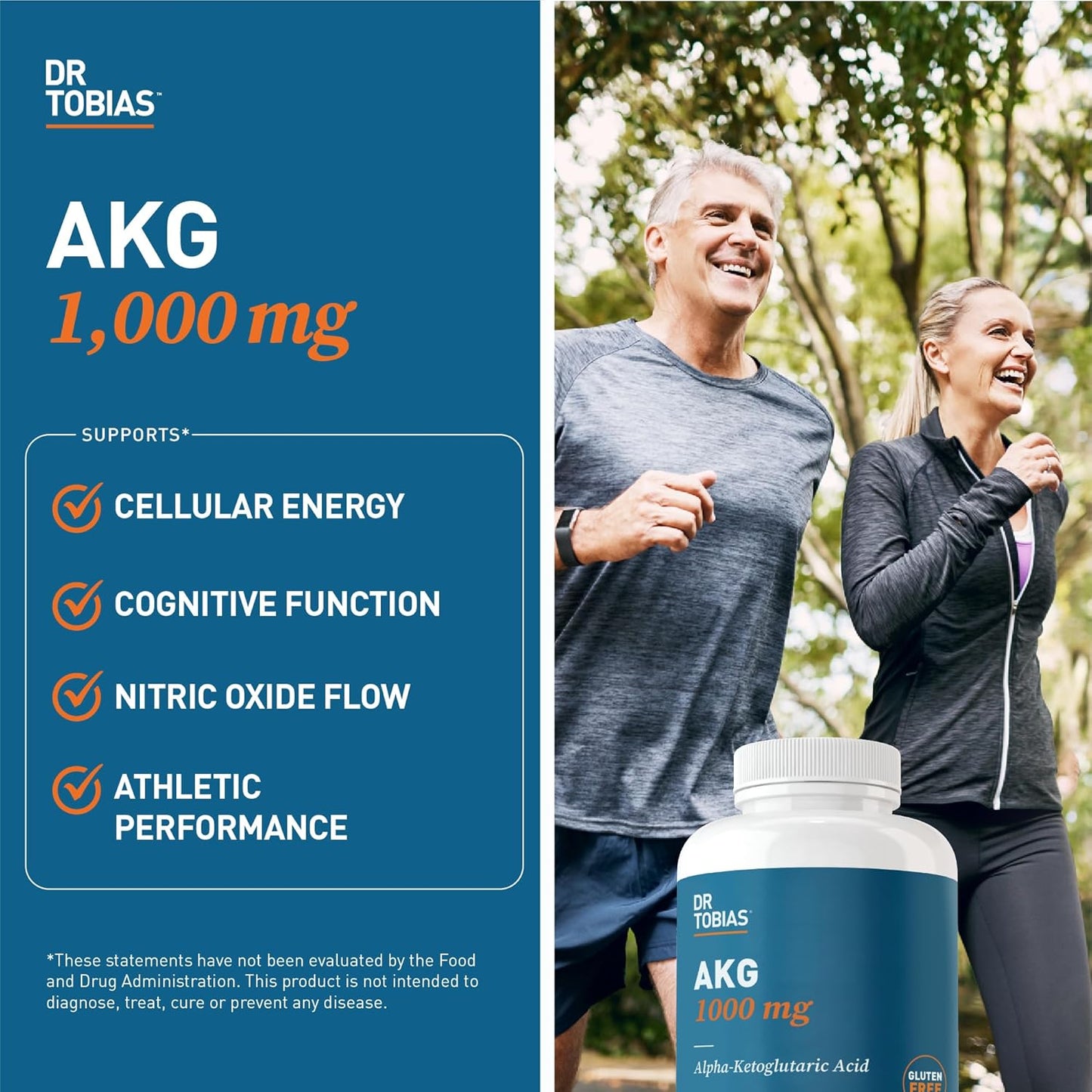 Dr. Tobias AKG Supplement 1000mg Per Serving, Bioavailable Alpha Ketoglutaric Acid, Supports Cellular Energy & Nitric Oxide Flow, Vegan, Gluten-Free, Non-GMO, 180 Capsules, 90 Servings