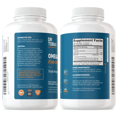 Dr. Tobias Omega 3 Fish Oil, 800 mg EPA 600 mg DHA Omega 3 Supplement for Heart, Brain & Immune Support, Absorbable Triple Strength Fish Oil Supplements - 2000 mg Per Serving, 180 Softgels, 90 Servings