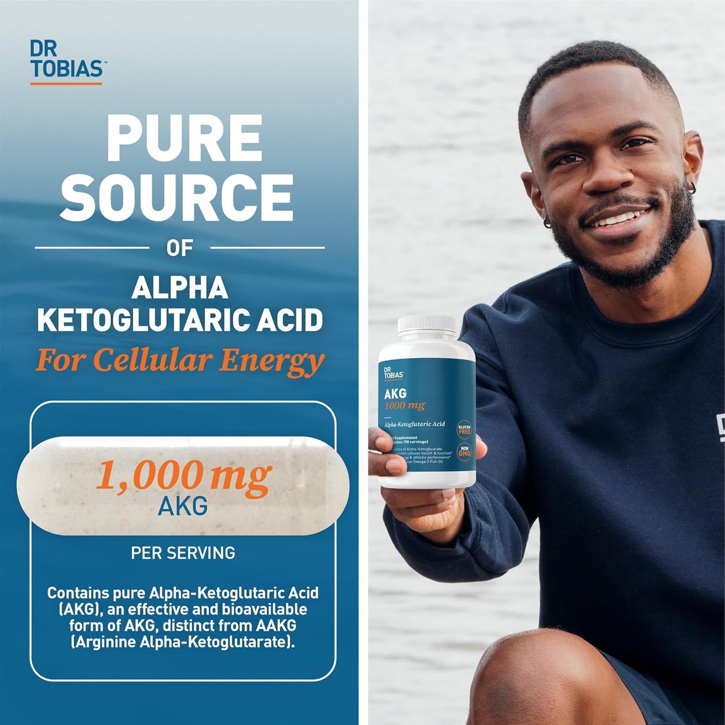 Dr. Tobias AKG Supplement 1000mg Per Serving, Bioavailable Alpha Ketoglutaric Acid, Supports Cellular Energy & Nitric Oxide Flow, Vegan, Gluten-Free, Non-GMO, 180 Capsules, 90 Servings