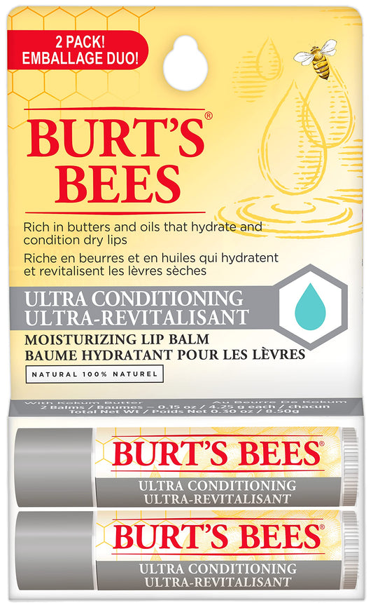 Burt's Bees Hydrating Lip Balm for Dry Chapped and Cracked Lips 100% Natural Origin, Ultra Conditioning with Kokum Butter, Shea Butter, and Cocoa Butter, Unscented, 2 Tubes