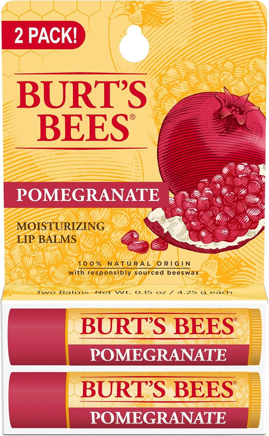 Burt's Bees Moisturizing Lip Balm for Dry Lips 100% Natural Origin, Pomegranate - 2 Tubes