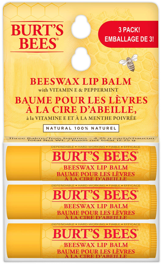 Burt's Bees Moisturizing Lip Balm for Dry Chapped Lips 100% Natural Origin, Original Beeswax with Vitamin E & Peppermint Oil, 3 Tubes, Value Pack