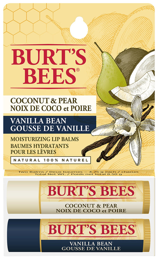 Burt's Bees Moisturizing Lip Balm for Dry Lips 100% Natural Origin, Coconut & Pear and Vanilla Bean - 2 Tubes